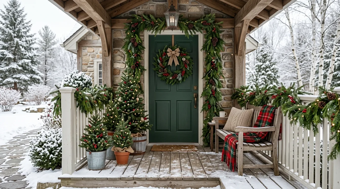 Cottage Porch With Evergreen Swags